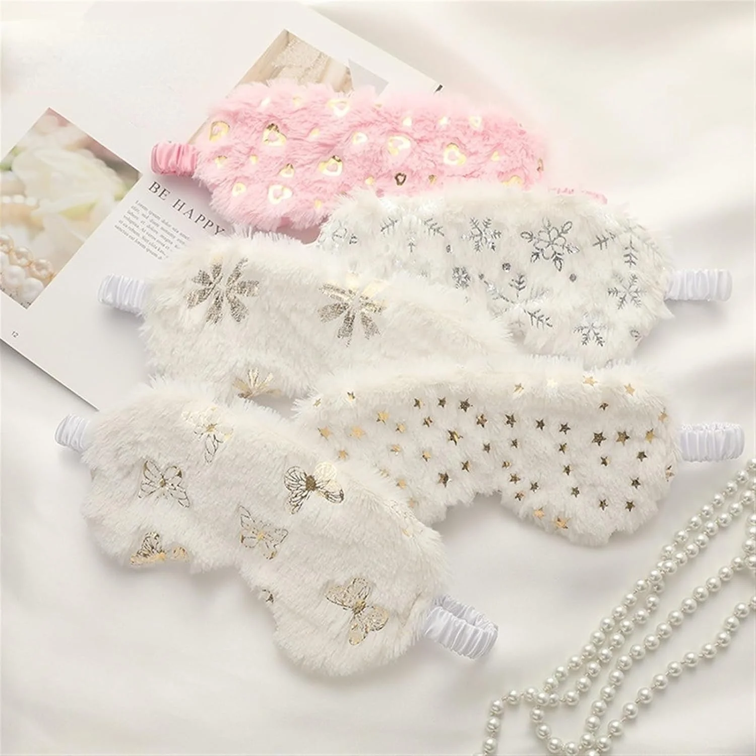 چشم بند خواب نرم، ماسک خواب چشم، سایه چشم، طرح پُرزدار زیبا، مناسب مسافرت، برای خانم ها و آقایان، آرامش بخش، قابل حمل (رنگ: سفید - گل ها)