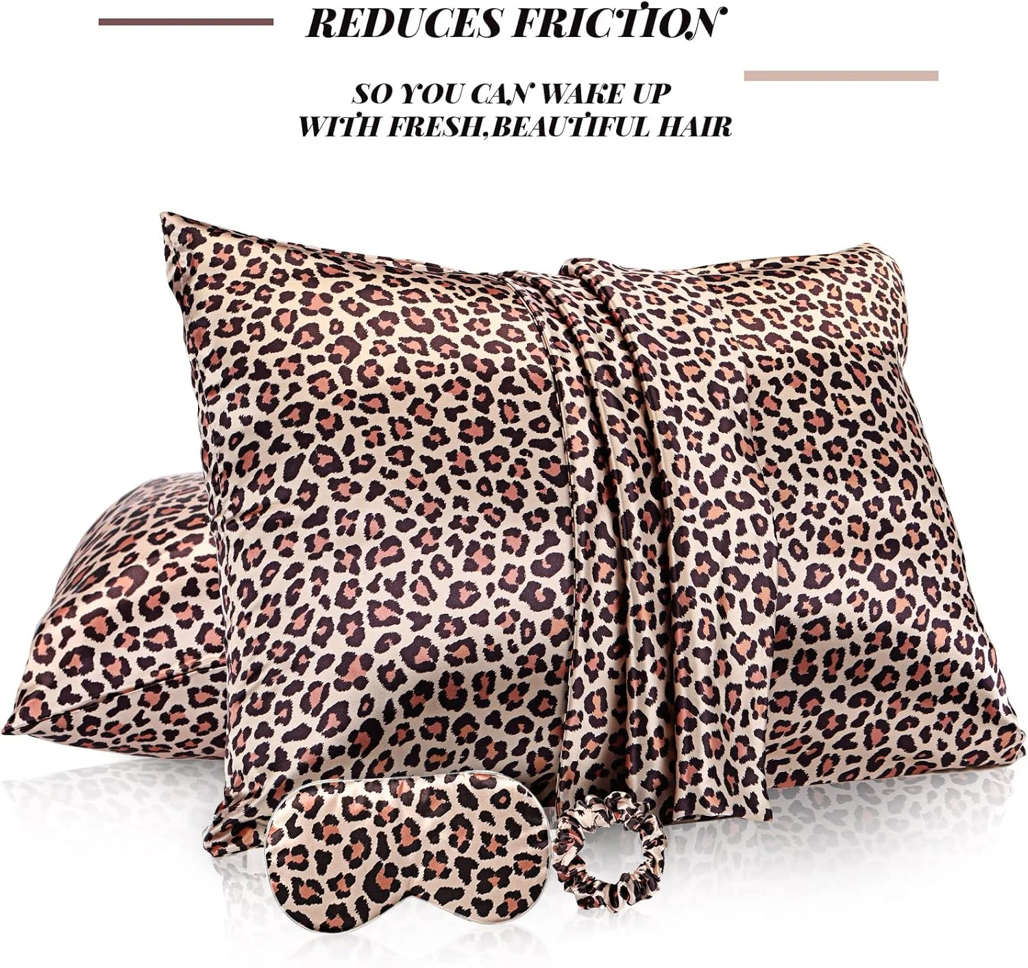 رو بالشتی ساتن تاتوو 2 عددی با زیپ مخفی، چشم بند خواب ساتن قابل تنظیم و اسکرانچی موی ساتن برای مو و پوست، سایز استاندارد (سری پلنگی قهوه ای)