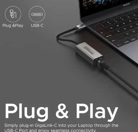 آداپتور پرسرعت USB-C به گیگابیت اترنت Promate، سرعت اتصال تا 1 گیگابیت در ثانیه | GigaLink-C