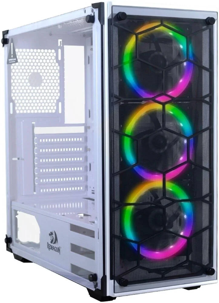 کیس کامپیوتر گیمینگ مید تاور Redragon Wheeljack RGB، دارای 3 فن RGB، پنل های شیشه ای حرارت دیده در جلو و طرفین، پشتیبانی از رادیاتور تا 240 میلی متر، مدیریت کابل، جریان تهویه هوا، سفید | GC-606WH-3RGB