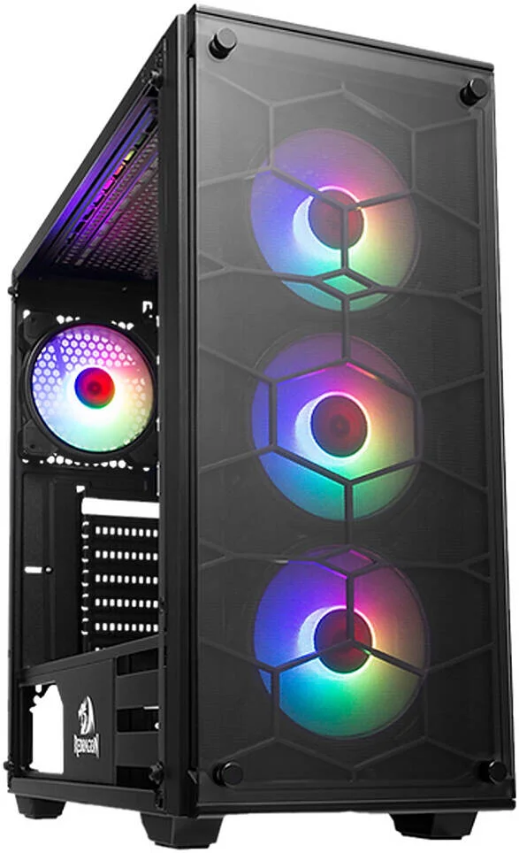 کیس کامپیوتر گیمینگ Redragon Wheeljack RGB Mid Tower، دارای 3 فن RGB، پنل های شیشه ای حرارت دیده در جلو و طرفین، پشتیبانی از رادیاتور تا 240 میلی متر، مدیریت کابل، جریان تهویه هوا، مشکی | GC-606BK-3RGB