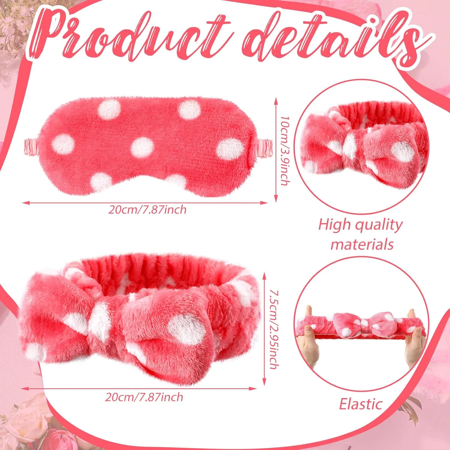 24 عدد لوازم مهمانی اسپا Xuhal، هدبند آرایشی نرم برای شستشوی صورت، چشم بند خواب، کش مو پاپیونی برای مهمانی تولد (طرح خال خالی و راه راه صورتی)