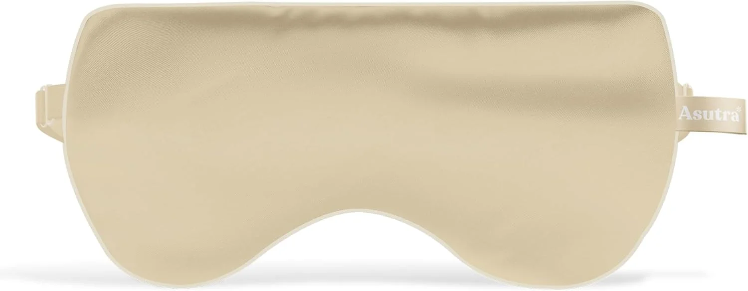 بالش چشم ابریشمی آسوترا برای خواب، شامپاین - پر شده با گل های اسطوخودوس و دانه های کتان، ماسک چشم سنگین، مدیتیشن و چشم بند مسدود کننده نور، شامل ماسک ژل خنک کننده