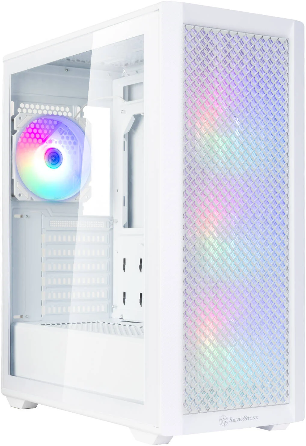 کیس کامپیوتر مید تاور ATX سیلوراستون FARA 515XR، دارای 4 فن 120 میلی‌متری رنگین‌کمانی از پیش نصب‌شده، پشتیبانی از رادیاتور تا 360 میلی‌متر، 7 اسلات توسعه، جنس بدنه فولاد/پلاستیک/شیشه حرارت‌دیده، سفید | SST-FA515XR-WG