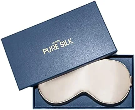 چشم بند خواب زنانه و مردانه، 100% ابریشم خالص، نرم، راحت و سبک، پوشش چشم صاف با بند الاستیک، مناسب برای خواب شب، مسافرت، چرت زدن، بسته هدیه (شامپاین)