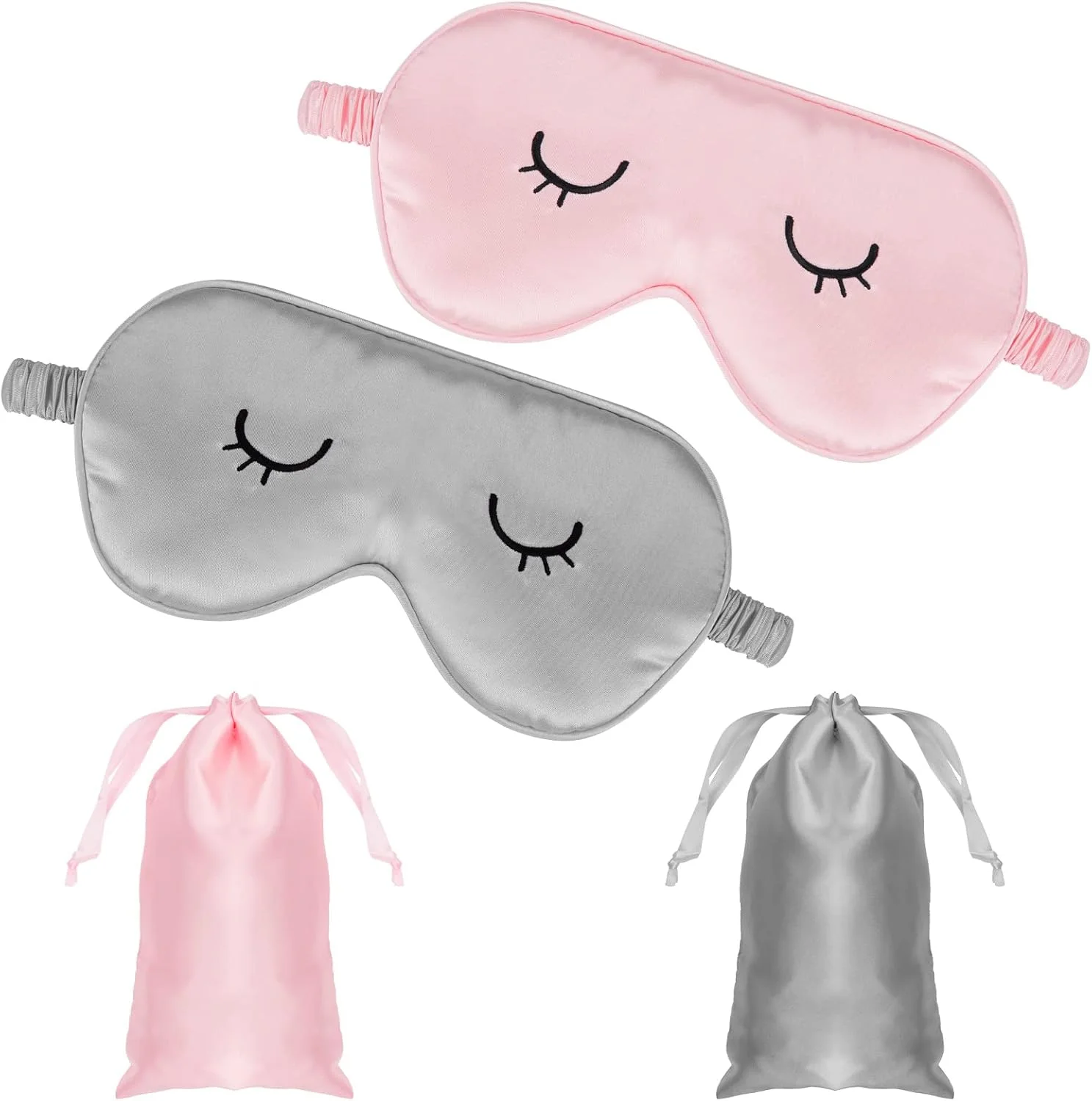 لوسوفی ماسک چشم ابریشمی 2 عددی، ماسک خواب چشم ابریشمی مژه دار زیبا، چشم بند ساتن قابل تنظیم با 2 عدد کیف نگهداری، پوشش چشم ابریشمی برای خواب زوج (خاکستری، صورتی)