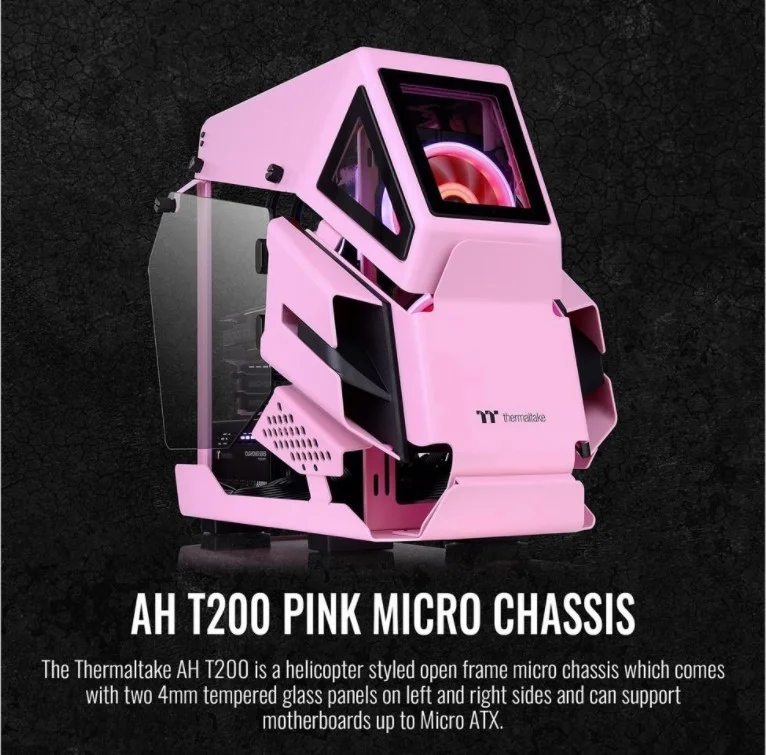 کیس کامپیوتر گیمینگ Thermaltake AH T200 Micro ATX، طراحی هلیکوپتر، 2 پنل شیشه ای حرارت دیده جانبی، پشتیبانی از 4 فن و رادیاتور 280 میلی متری، USB 3.1 (Gen 2) Type C x 1، USB 3.0، صورتی | CA-1R4-00SAWN-00