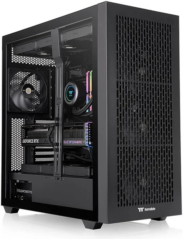 کیس کامپیوتر ترمالتیک AX500 فول تاور، دارای 4 فن 140 میلی‌متری CT140 از پیش نصب شده، پشتیبانی از رادیاتور تا 420 میلی‌متر و 14 فن، فیلترهای گرد و غبار، پنل‌های فولادی و شیشه‌ای حرارت دیده، جنس SPCC، مشکی | CA-11D-00F1WN-00