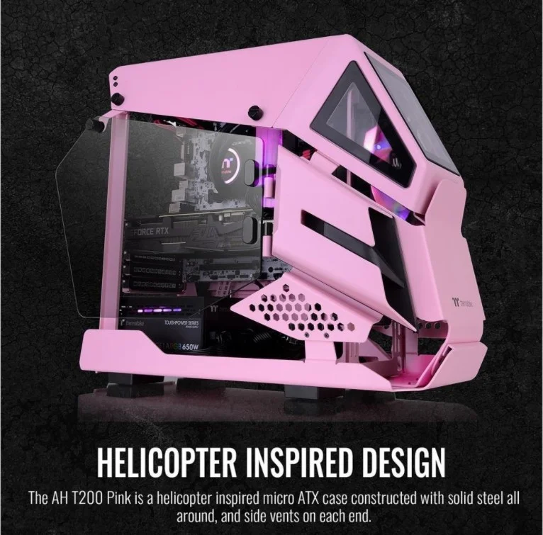 کیس کامپیوتر گیمینگ Thermaltake AH T200 Micro ATX، طراحی هلیکوپتر، 2 پنل شیشه ای حرارت دیده جانبی، پشتیبانی از 4 فن و رادیاتور 280 میلی متری، USB 3.1 (Gen 2) Type C x 1، USB 3.0، صورتی | CA-1R4-00SAWN-00