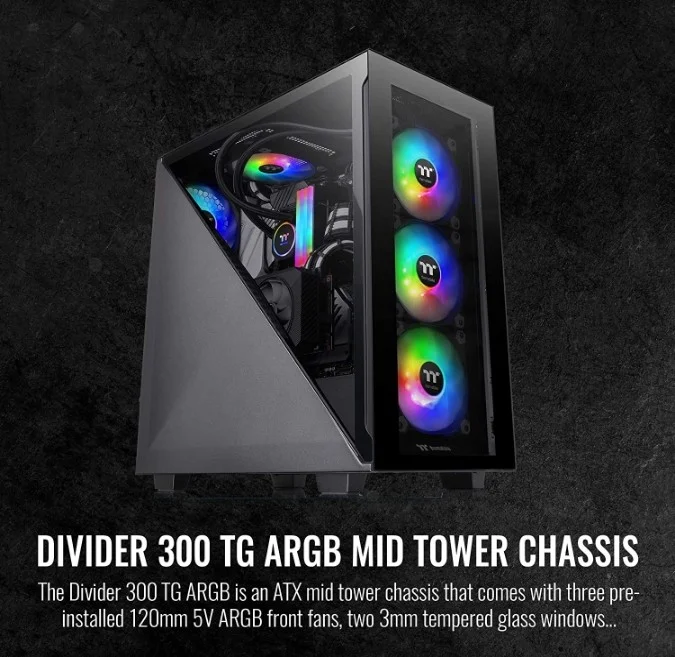 کیس کامپیوتر Thermaltake Divider 300 ARGB Snow با شیشه حرارت دیده مثلثی، کیس Mid Tower ATX، Type-C، آماده خنک کننده مایع، فن پشتی ARGB 120 میلی متری (3 عدد)، مشکی | CA-1S2-00M1WN-01