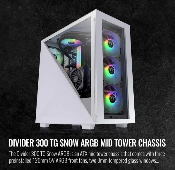 کیس کامپیوتر Thermaltake Divider 300 ARGB Snow Triangular Tempered Glass، ATX Mid Tower، آماده برای خنک کننده مایع، فن 120 میلی متری ARGB در عقب (3)، سفید | CA-1S2-00M6WN-01