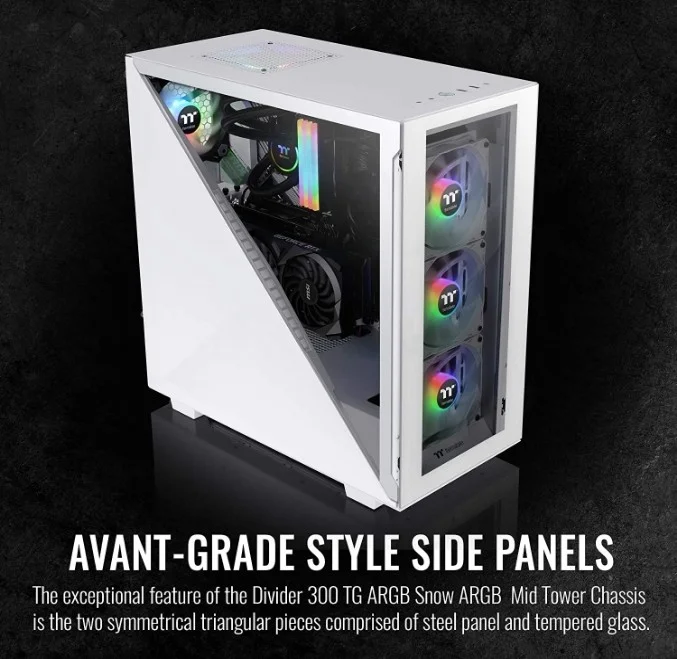کیس کامپیوتر Thermaltake Divider 300 ARGB Snow Triangular Tempered Glass، ATX Mid Tower، آماده برای خنک کننده مایع، فن 120 میلی متری ARGB در عقب (3)، سفید | CA-1S2-00M6WN-01
