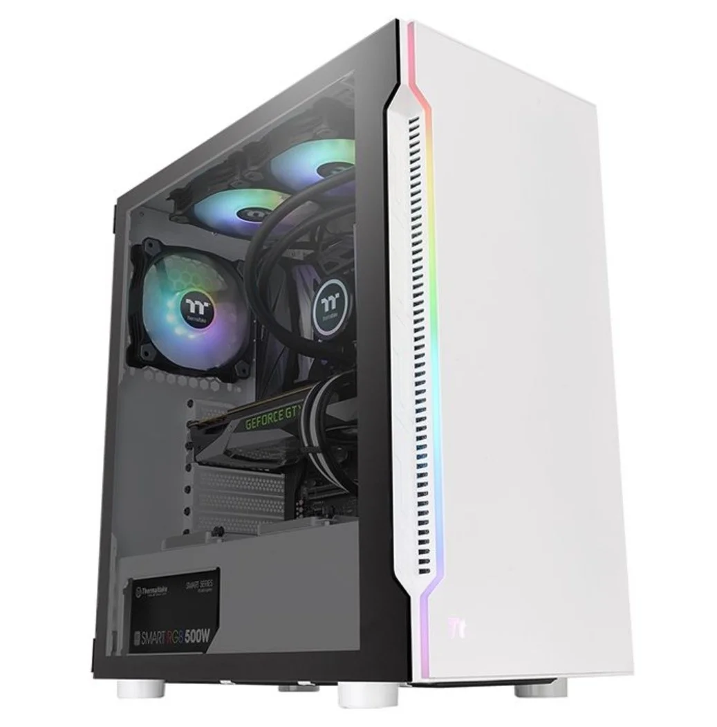 کیس مید تاور Thermaltake H200 TG Snow RGB ATX، پشتیبانی از مادربرد تا ATX، دارای 1 فن 120 میلی‌متری استاندارد از پیش نصب‌شده، و یک دکمه RGB که می‌تواند بین 19 حالت نورپردازی جابجا شود | CA-1M3-00M6WN-00