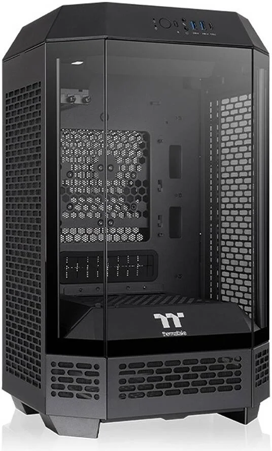 کیس مینی تاور Thermaltake The Tower 250، دارای 2 فن از پیش نصب شده CT120، پشتیبانی از رادیاتور تا 360 میلی‌متر و 8 فن، 3 پنل شیشه‌ای حرارت دیده 3 میلی‌متری، فیلترهای گرد و غبار، مشکی | CA-1Z9-00S1WN-00