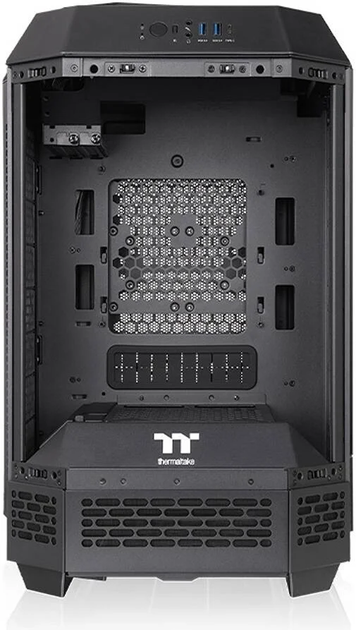 کیس مینی تاور Thermaltake The Tower 250، دارای 2 فن از پیش نصب شده CT120، پشتیبانی از رادیاتور تا 360 میلی‌متر و 8 فن، 3 پنل شیشه‌ای حرارت دیده 3 میلی‌متری، فیلترهای گرد و غبار، مشکی | CA-1Z9-00S1WN-00