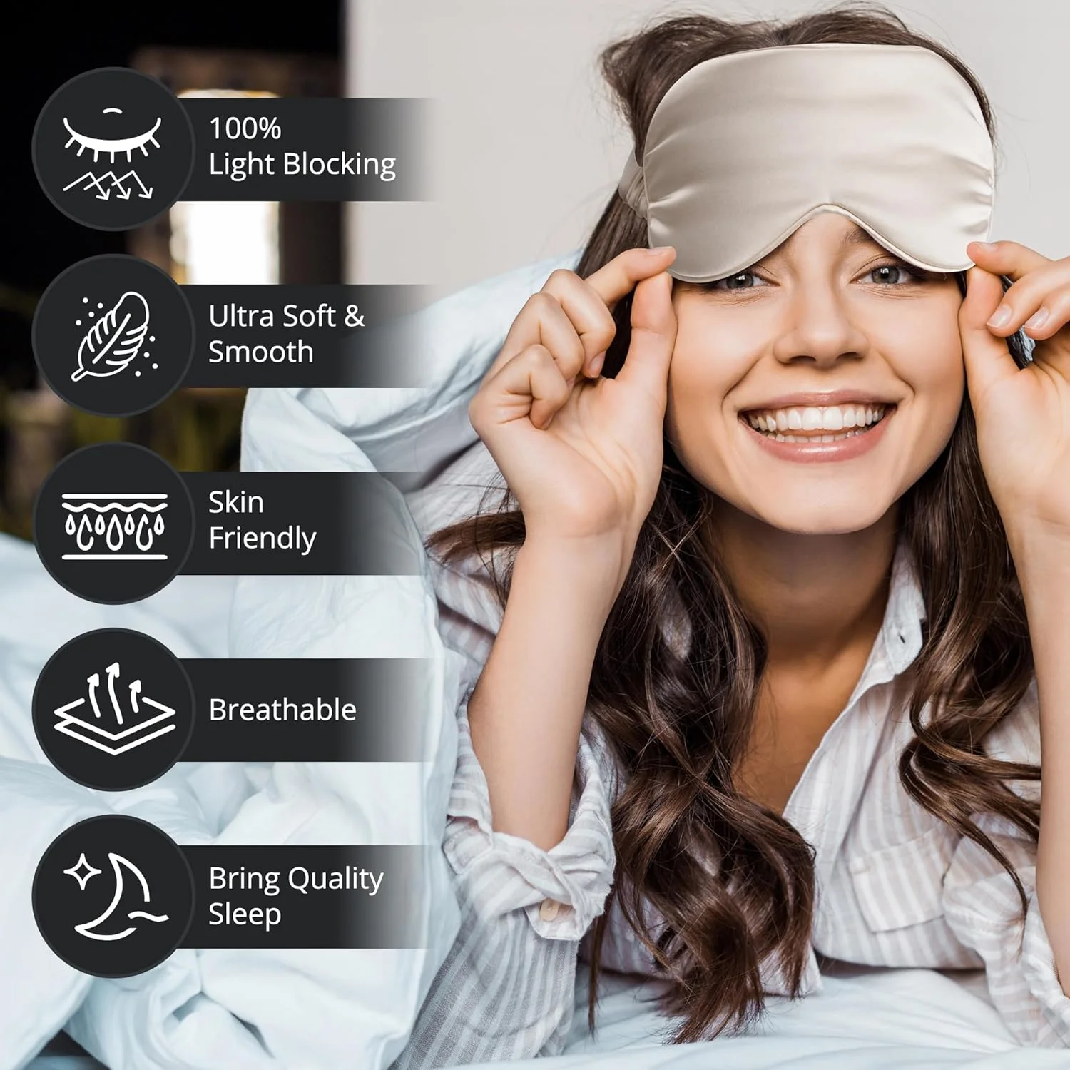 ماسک چشم ابریشمی بوکور نیچر، ماسک خواب، کاهش سیاهی و پف زیر چشم، بهبود خواب، پوشش چشم مسدود کننده نور - شامپاین