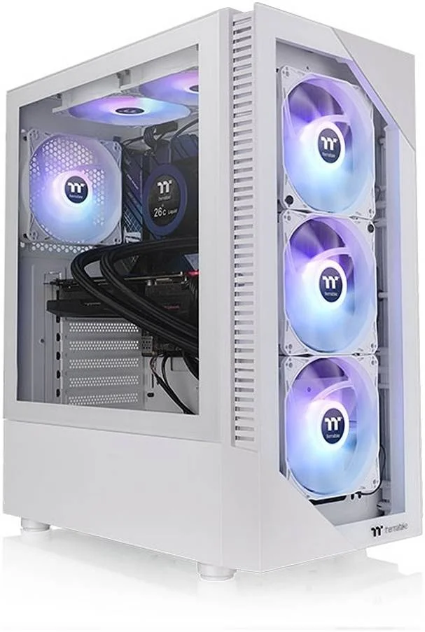 کیس کامپیوتر Thermaltake View 200 TG ARGB ATX Mid Tower، پنل جلویی شیشه حرارت دیده، 3 فن 120 میلی‌متری ARGB Lite از پیش نصب شده، پشتیبانی از رادیاتور تا 360 میلی‌متر، پورت‌های ورودی/خروجی کاربردی، سفید | CA-1X3-00M6WN-00