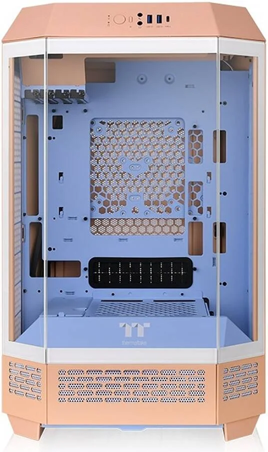 کیس Thermaltake Tower 300 Micro-ATX، شامل 2 عدد فن 140 میلی‌متری CT، پشتیبانی از رادیاتور تا 420 میلی‌متر، کیت پایه شاسی اختیاری امکان نمایش افقی، رنگ هلویی