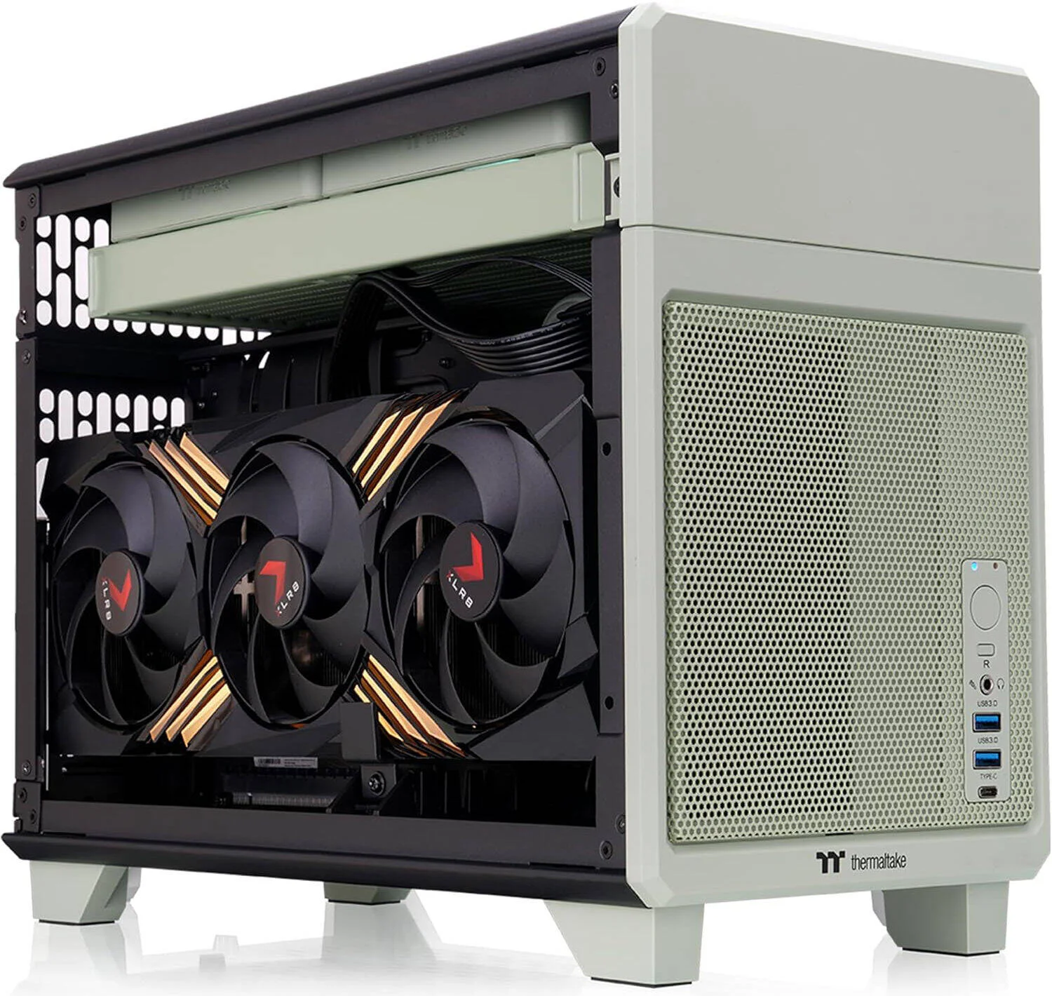 کیس کامپیوتر ترمالتیک TR100 Mini-ITX، پشتیبانی از دو فن 120mm / 140mm در بالا، کارت گرافیک 360mm و خنک کننده مایع AIO 280mm، فیلترهای گرد و غبار قابل جابجایی، پنل های بدون نیاز به ابزار، سبز ماتچا | CA-11A-00SENN-00