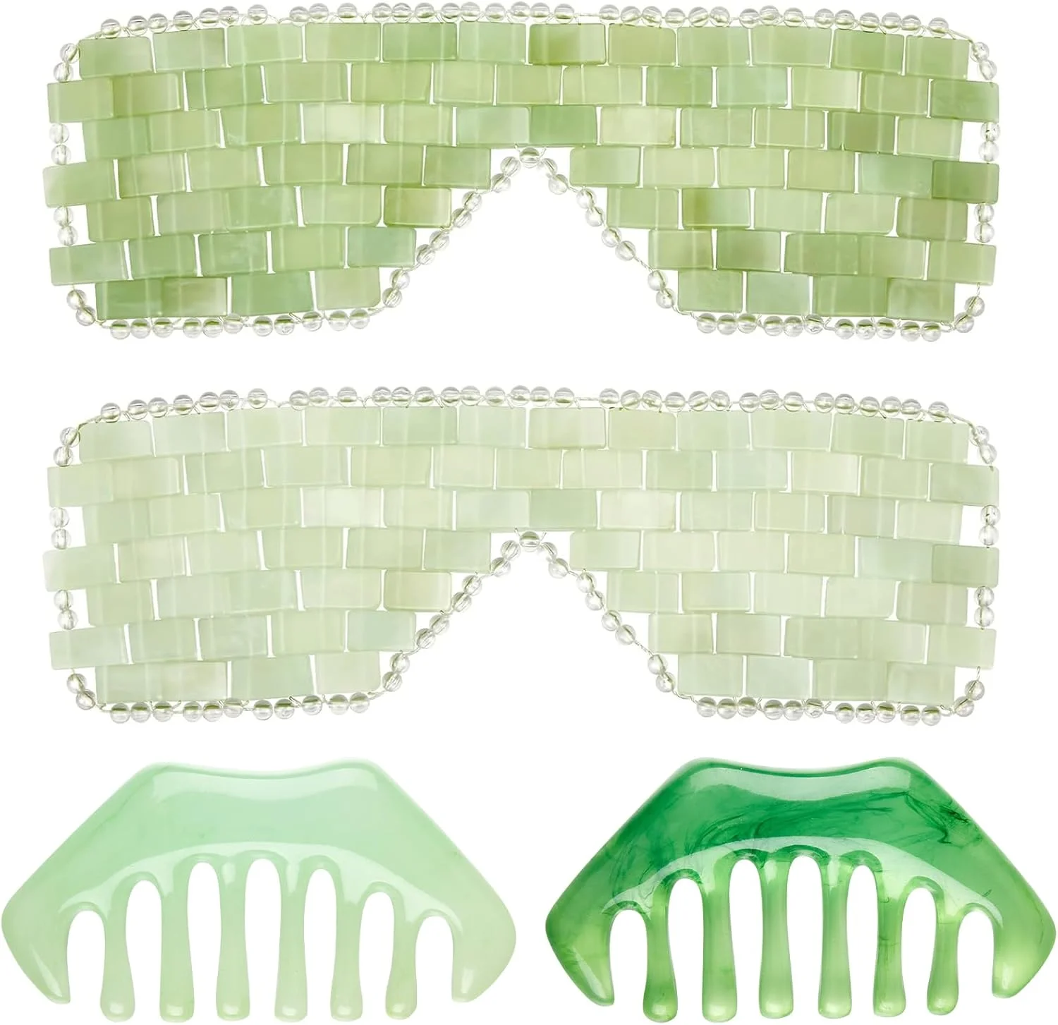 مجموعه 4 عددی ماسک چشم یشمی و شانه مو Hercicy، ماسک خنک کننده صورت از سنگ یشم سبز و یشم سفید، شانه سر گواشا، ابزار ماساژ صورت برای آرامش و کاهش پف