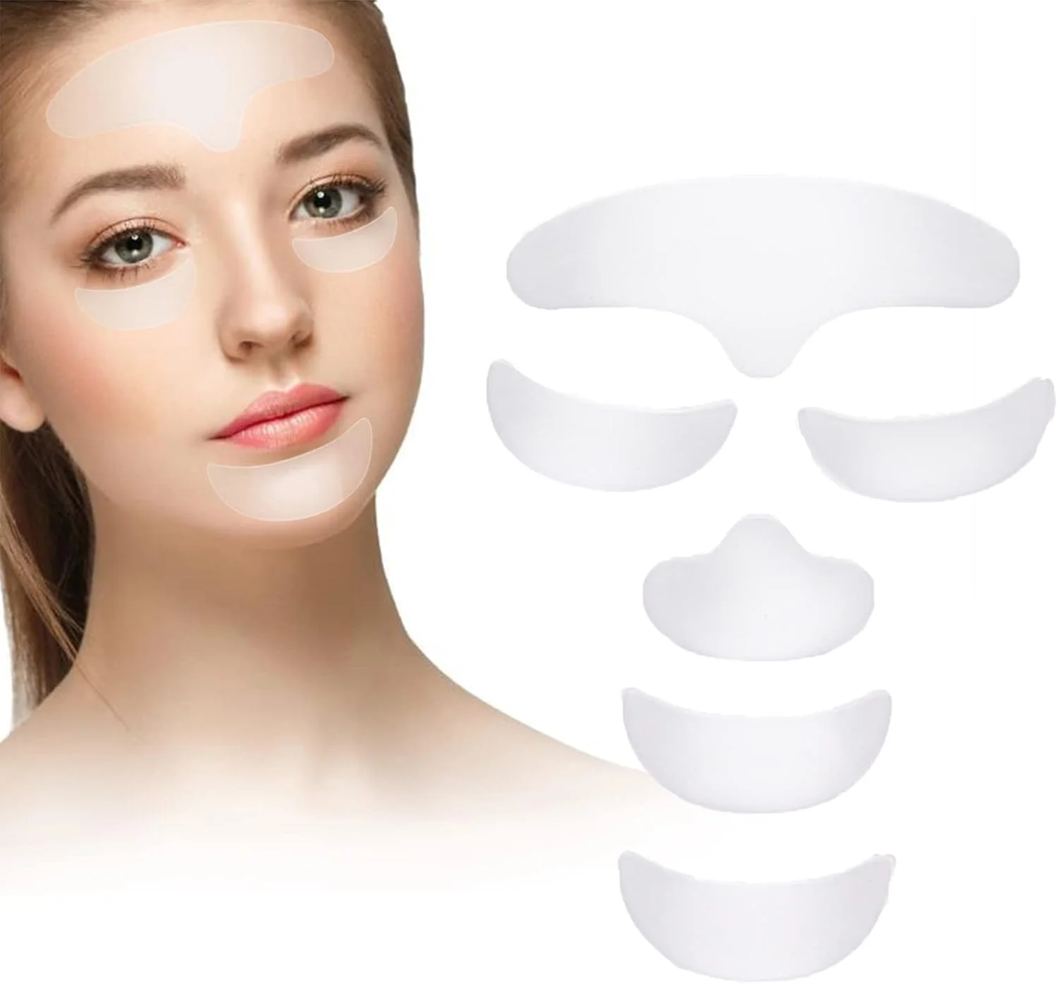پدهای ضد چروک صورت، 6 عدد پد ضد چروک قابل استفاده مجدد، درمان ضد چروک صورت برای لیفت صورت، پدهای مراقبت از پوست برای صاف کردن و مرطوب کردن چشم، دهان و پیشانی