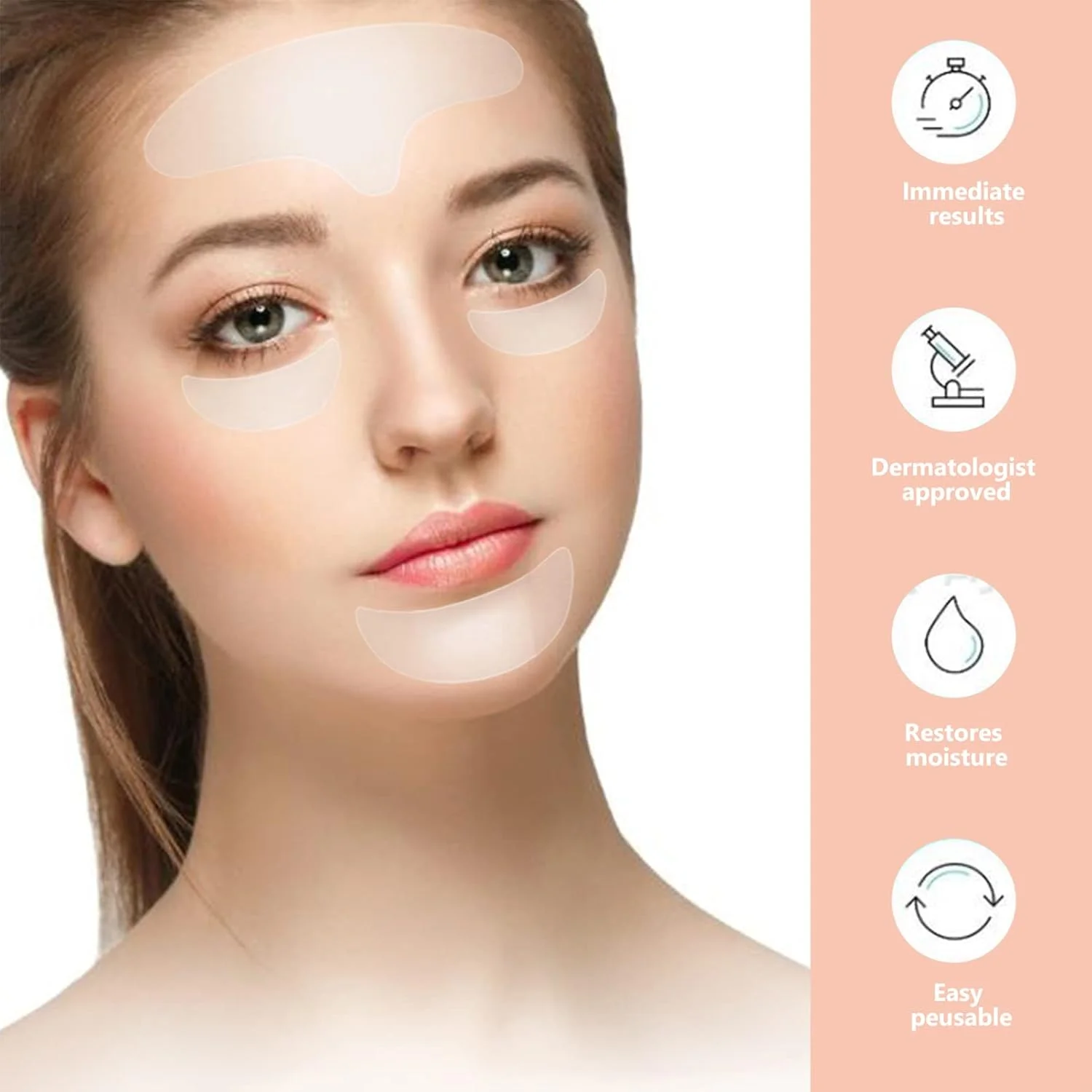 پدهای ضد چروک صورت، 6 عدد پد ضد چروک قابل استفاده مجدد، درمان ضد چروک صورت برای لیفت صورت، پدهای مراقبت از پوست برای صاف کردن و مرطوب کردن چشم، دهان و پیشانی