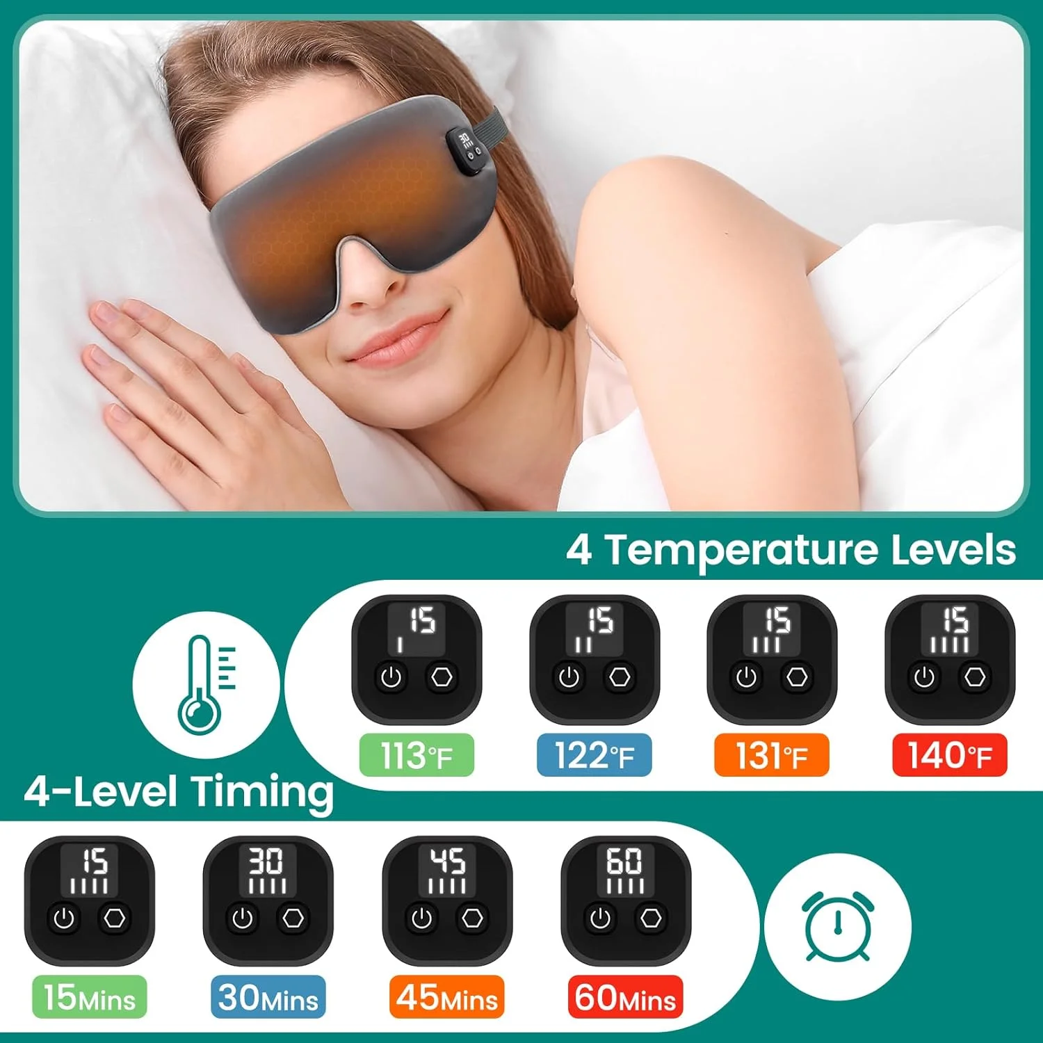 ماسک چشم گرمایشی، کمپرس گرم چشم بدون سیم برای التهاب پلک، شالازیون و اختلال عملکرد غدد میبومین، پد گرم کننده چشم قابل شستشو و جداشدنی برای خشکی چشم، 4 سطح دما و 4 سطح تایمر