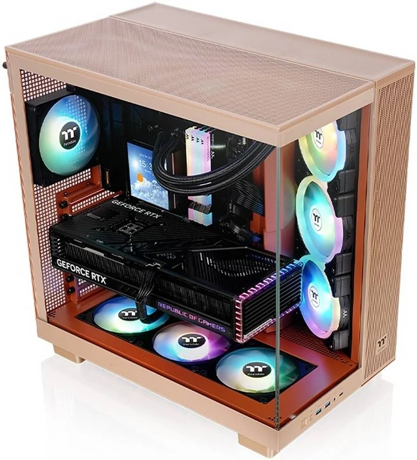 کیس کامپیوتر Thermaltake View 380 XL TG ARGB Mid Tower، دارای 4 فن 120 میلی‌متری aRGB Lite از پیش نصب شده، پشتیبانی از رادیاتور تا 360 میلی‌متر و 10 فن، USB Type-C x1، USB 3.0 x2، HD Audio، رنگ Gravel Sand | CA-11E-00MGWN-00