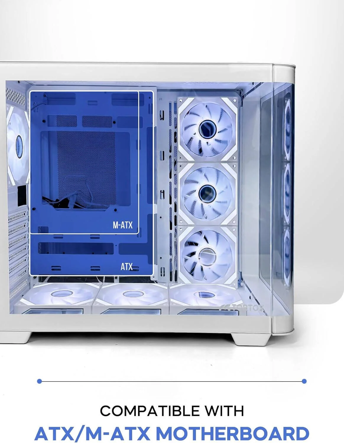 کیس کامپیوتر Tortox Curvo ATX، دارای 7 فن 120 میلی‌متری ARGB PWM از پیش نصب‌شده، پشتیبانی از رادیاتور 360 میلی‌متری، پشتیبانی از 10 فن 120 میلی‌متری، 7 اسلات توسعه، پورت USB Type-C، جنس بدنه SPCC 0.7 میلی‌متری، سفید | TRTXCRV