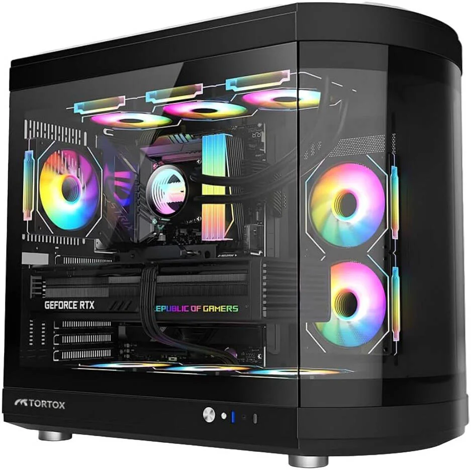 کیس فول تاور Tortox Vidrio ATX، دارای 6 فن ARGB PWM از پیش نصب شده، پشتیبانی از رادیاتور تا 360 میلی‌متر و پشتیبانی از 9 فن، شیشه حرارت دیده نیمه خمیده، فیلتر ضد گرد و غبار، جنس SPCC، مشکی | VIDRIOB