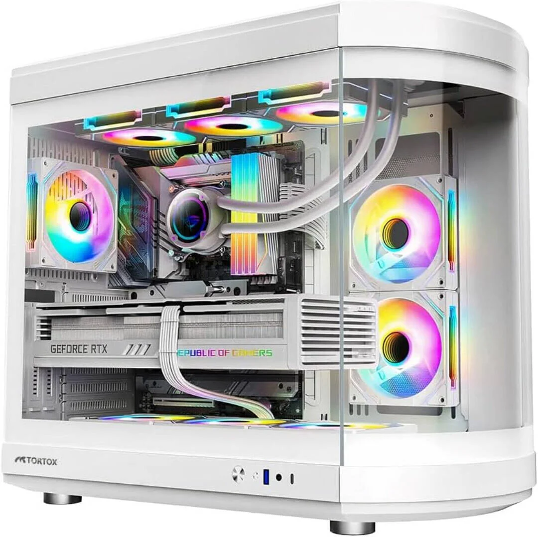 کیس Tortox Vidrio ATX Full Tower، دارای 6 فن ARGB PWM از پیش نصب شده، پشتیبانی از رادیاتور تا 360 میلی‌متر و پشتیبانی از 9 فن، شیشه حرارت دیده نیمه خمیده، فیلتر ضد گرد و غبار، جنس SPCC، سفید | VIDRIOW