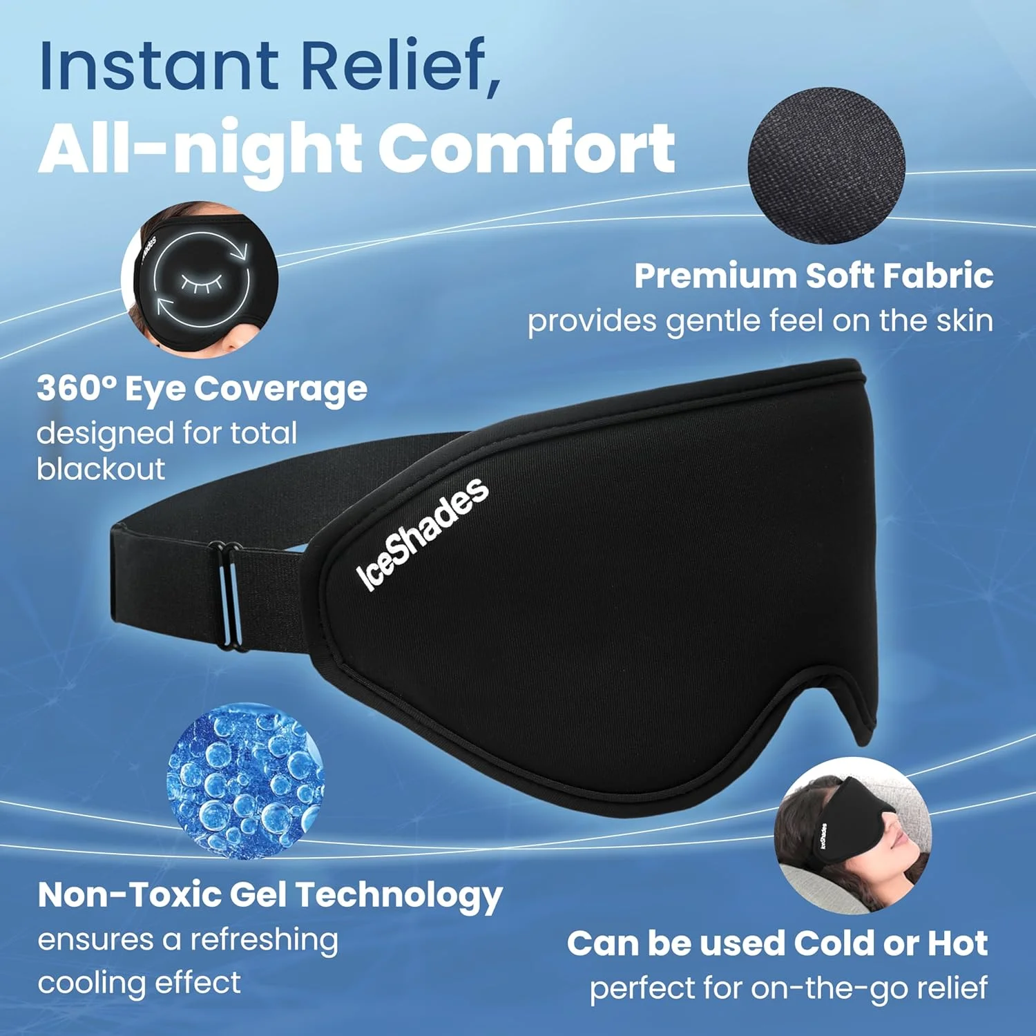 ماسک چشم ژلی خنک کننده برای تسکین میگرن، تنش و خماری، کمپرس سرد برای سردرد، سیاهی دور چشم، خستگی و پف چشم، کیسه یخ قابل استفاده مجدد برای خواب، مشکی