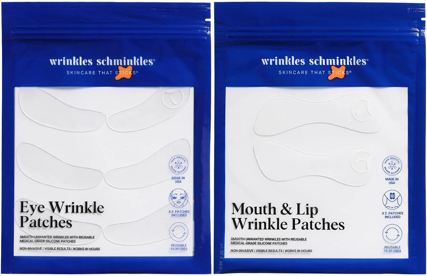 مجموعه لیفت چشم و دهان Wrinkles Schminkles | پچ رفع چروک دهان و لب 2 عددی و پچ رفع چروک چشم 3 جفتی | پچ های سیلیکونی قابل استفاده مجدد با گرید پزشکی