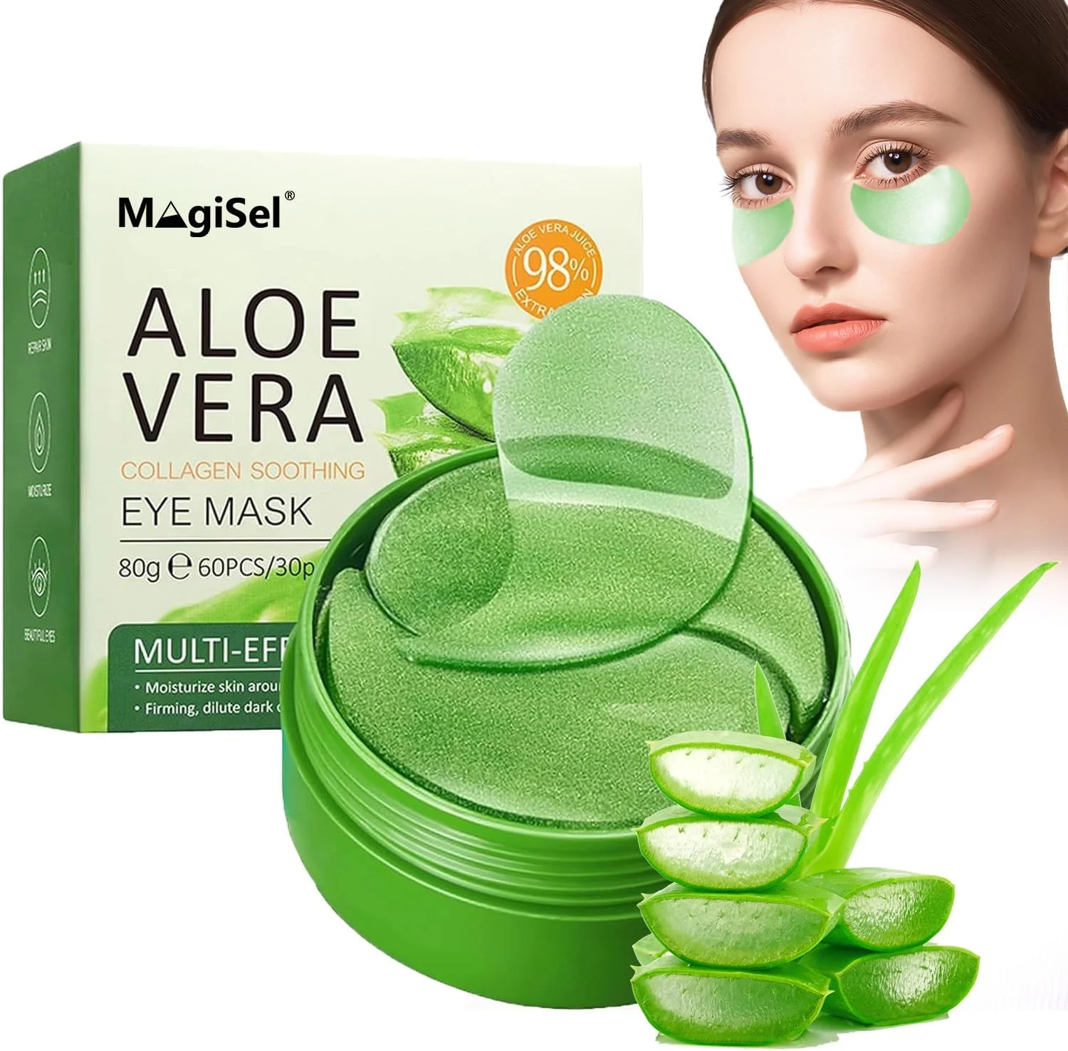 پدهای زیر چشم آلوئه ورا، پدهای سرم آلوئه ورا، پچ چشم، ضد چروک، پدهای ژلی چشم برای پف، کاهش تیرگی، مرطوب کننده، رفع پف زیر چشم، 60 عدد