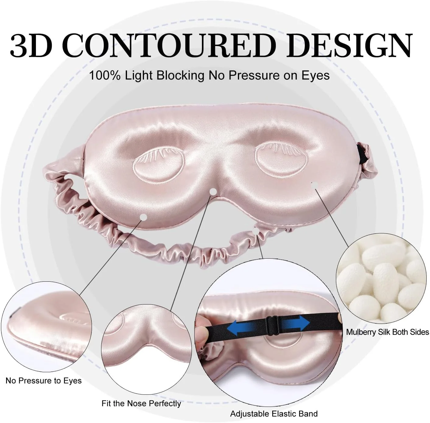 ماسک خواب ابریشمی قابل تنظیم ZIMASILK، ماسک چشم 100% ابریشم توت 22 Momme، طراحی شده برای مژه های بلند و اکستنشن مژه، ماسک خواب راحت چشم با فیلر ابریشم خالص (صورتی)