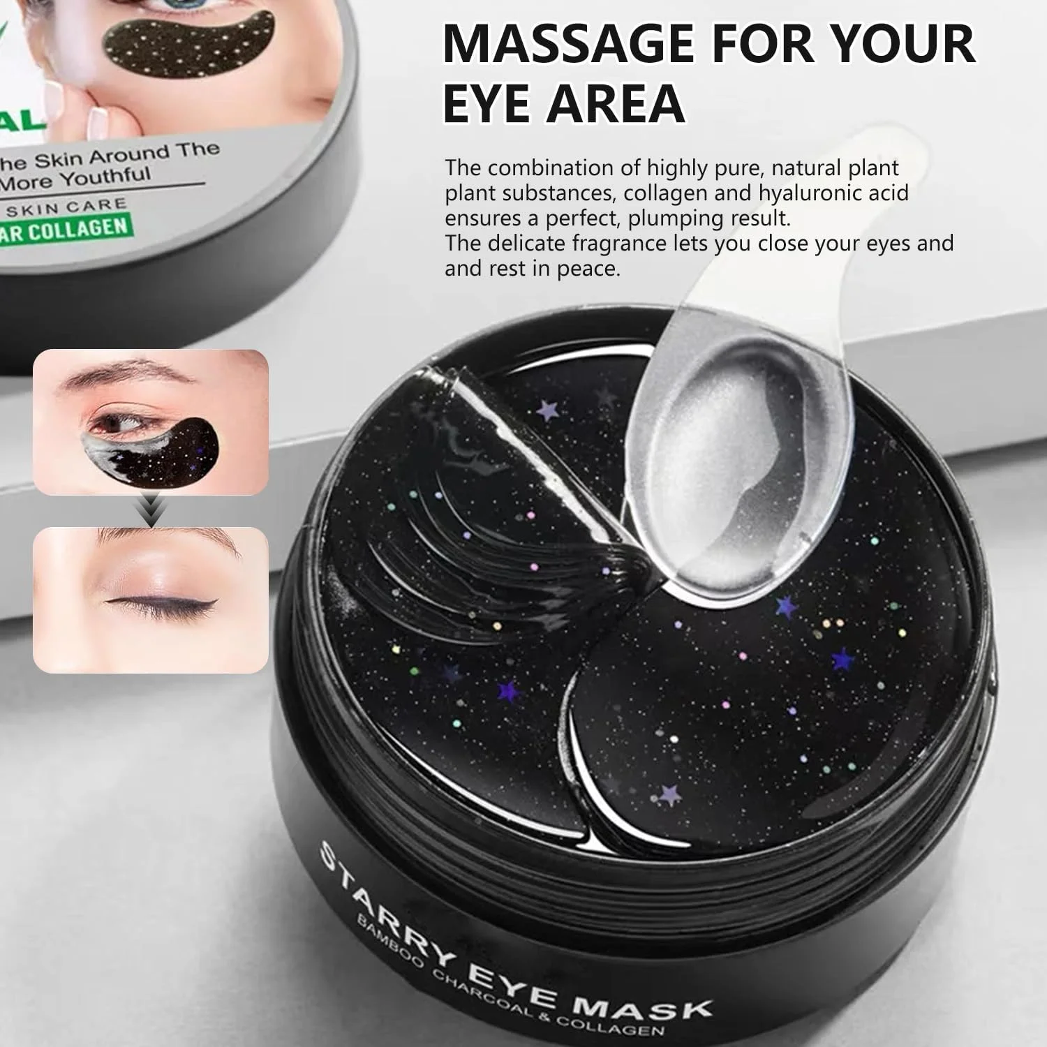 پدهای چشم، پدهای چشم زغال بامبو، پدهای چشم هیدروژل، پد کلاژن ضد پیری، مرطوب کننده، برای حلقه های چشم، پف زیر چشم، چروک ها، سیاهی دور چشم، تسکین دهنده فشار و کاهش دهنده چروک