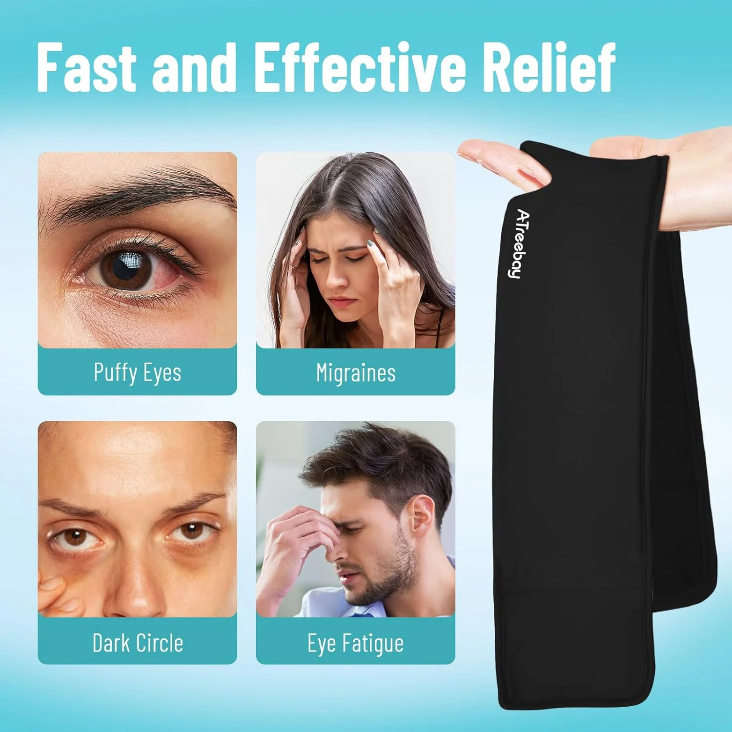 ماسک چشم خنک کننده برای پف کردگی، ماسک چشم سرد برای پف، ماسک چشم یخی قابل استفاده مجدد برای حلقه های تیره و چشم های پف کرده، تسکین میگرن و سردرد با ماسک چشم ژلی، راحتی طولانی مدت، مشکی