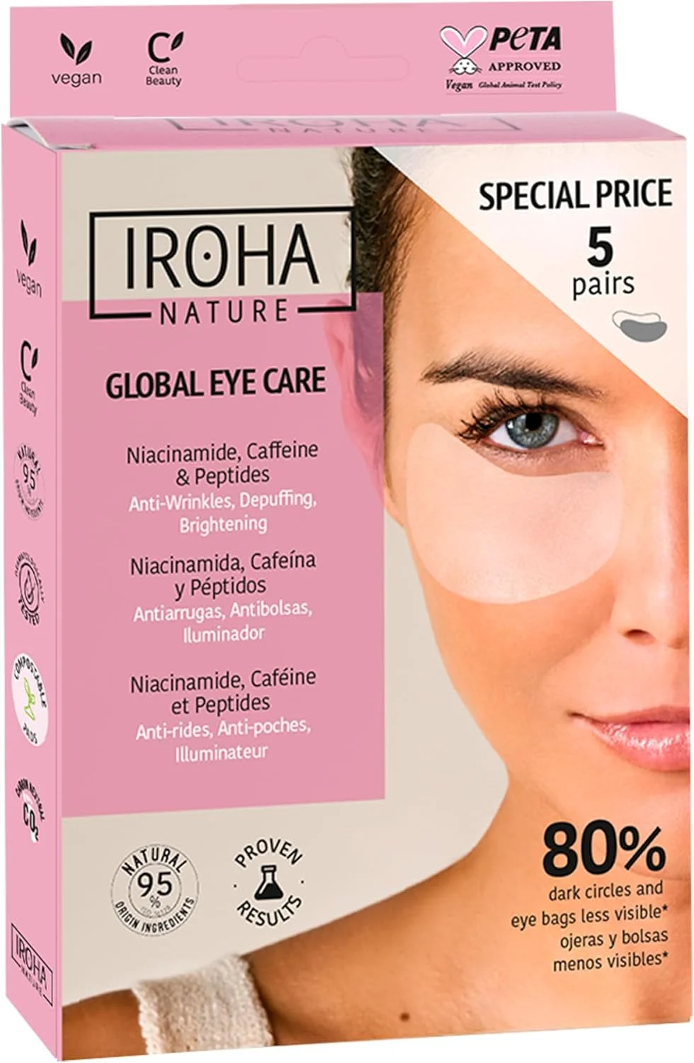 پچ های دور چشم ایروها نیچر، ضد پیری، نیاسینامید، کافئین و پپتیدها، کاهش دهنده چین و چروک، خطوط، پف و تیرگی دور چشم، مرطوب کننده با اسید هیالورونیک، وگان و 100% ارگانیک