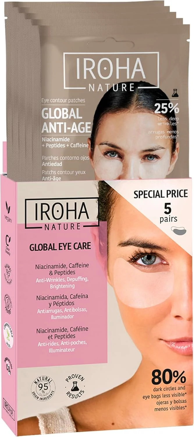 پچ های دور چشم ایروها نیچر، ضد پیری، نیاسینامید، کافئین و پپتیدها، کاهش دهنده چین و چروک، خطوط، پف و تیرگی دور چشم، مرطوب کننده با اسید هیالورونیک، وگان و 100% ارگانیک
