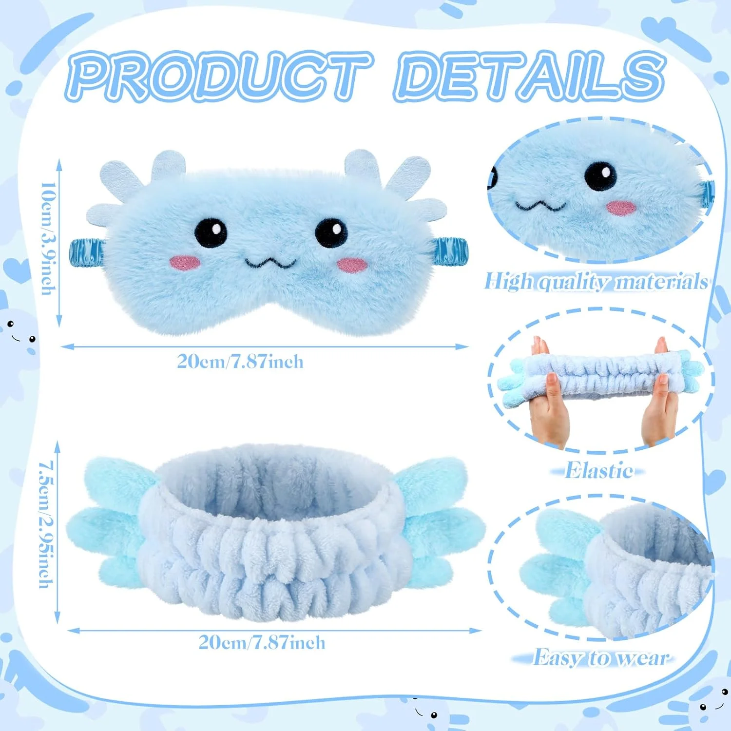 ست هدبند و چشم بند اسپا Kajaia طرح آکسولوتل، 12 عددی، مناسب مهمانی های شبانه، هدبندهای نرم مراقبت از پوست طرح آکسولوتل و چشم بند خواب پولیشی برای مهمانی های پیژامه زنانه