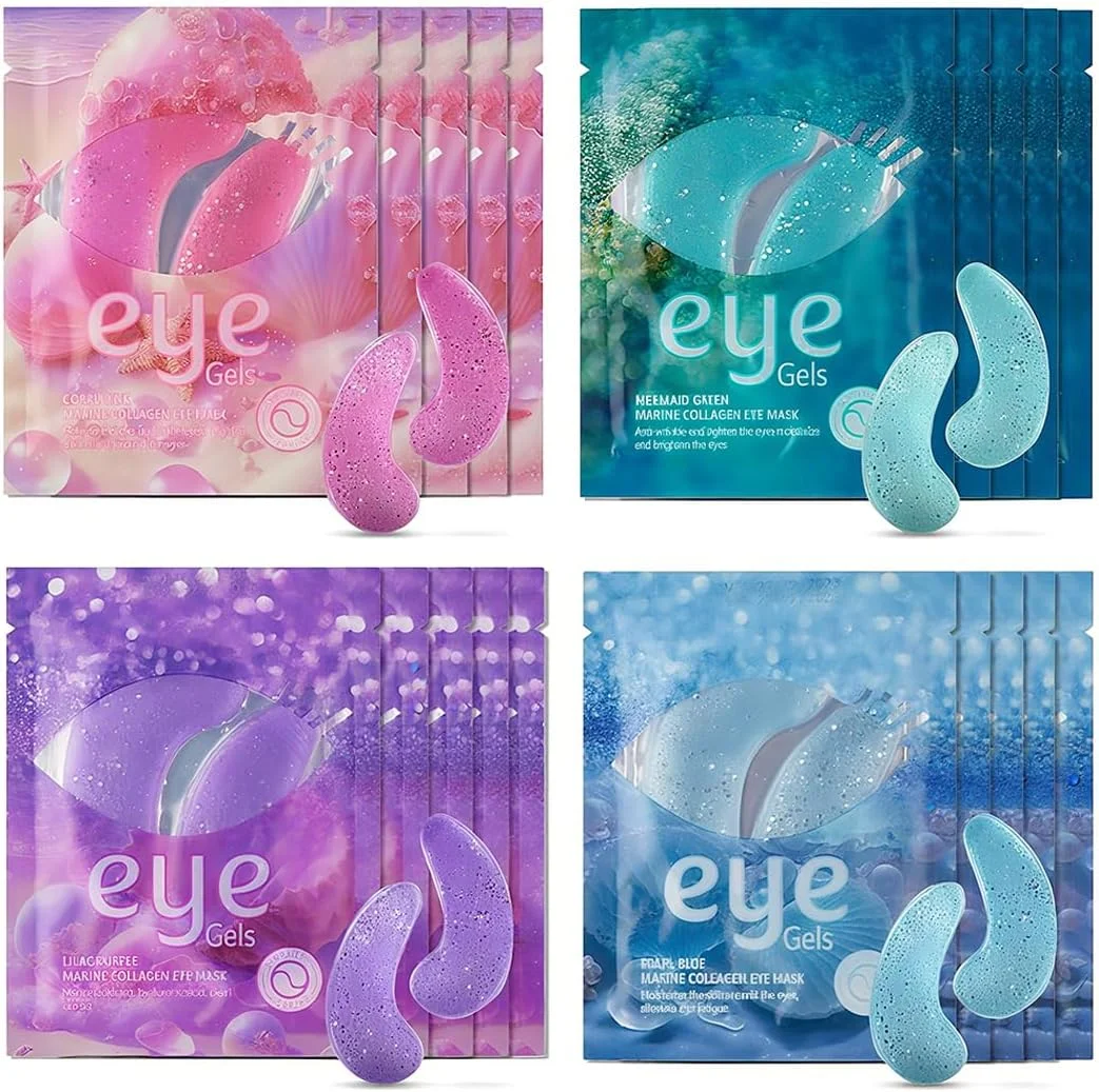 پد چشم دریایی، بسته 16 عددی، 4 نوع پد چشم با کلاژن دریایی طبیعی، پدهای چشم کلاژنی درخشان هیالورونیک برای چشم های پف کرده، ضد چین و چروک، پف زیر چشم (سبز، آبی، بنفش، صورتی)