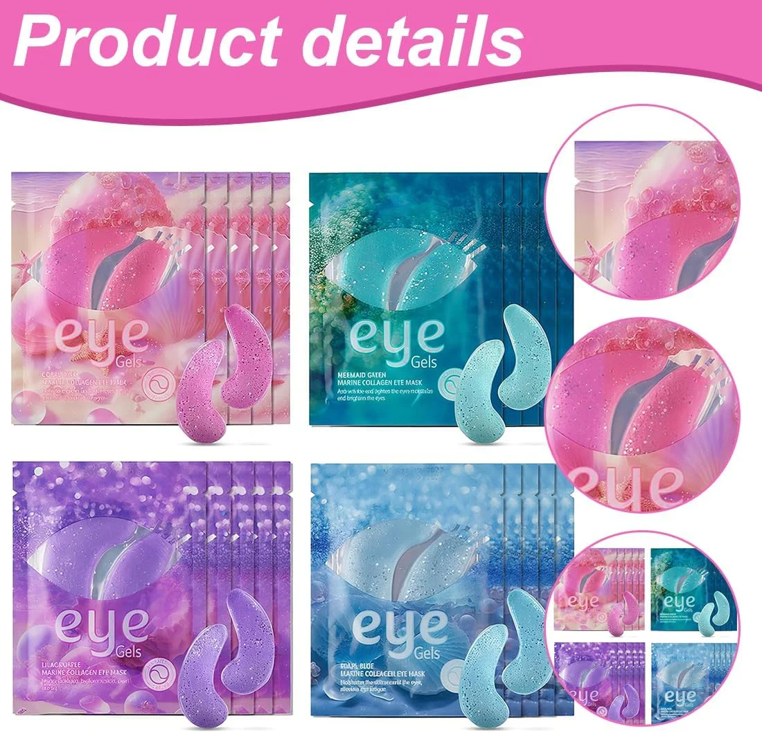 پد چشم دریایی، بسته 16 عددی، 4 نوع پد چشم با کلاژن دریایی طبیعی، پدهای چشم کلاژنی درخشان هیالورونیک برای چشم های پف کرده، ضد چین و چروک، پف زیر چشم (سبز، آبی، بنفش، صورتی)