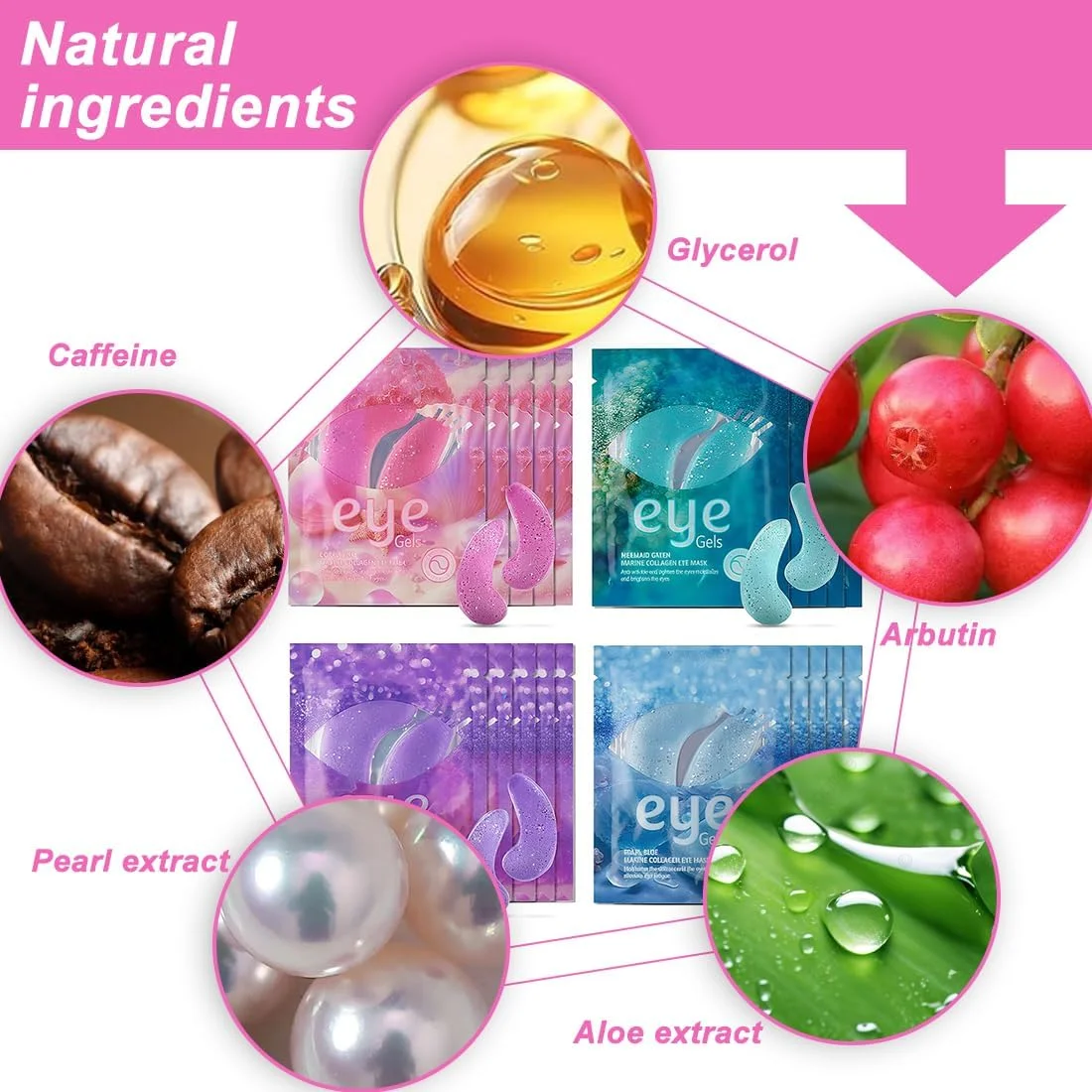 پد چشم دریایی، بسته 16 عددی، 4 نوع پد چشم با کلاژن دریایی طبیعی، پدهای چشم کلاژنی درخشان هیالورونیک برای چشم های پف کرده، ضد چین و چروک، پف زیر چشم (سبز، آبی، بنفش، صورتی)