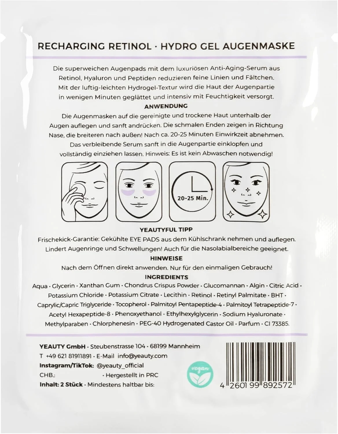 پدهای دور چشم شارژی YEAUTY حاوی رتینول، پدهای فوق العاده نرم دور چشم با سرم ضد پیری، کاهش خطوط ریز و چین و چروک، صاف کننده پوست ناحیه دور چشم، مرطوب کننده قوی، بسته 25 عددی