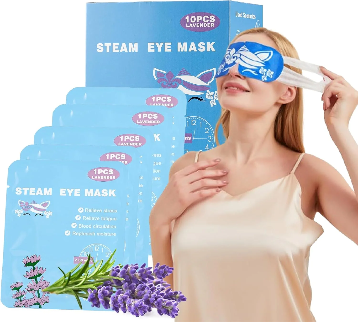 ماسک چشم بخار برای خشکی چشم، ماسک چشم خودگرم شونده برای خواب، اسپا، رفع استرس و خستگی چشم (10 عدد، اسطوخودوس)