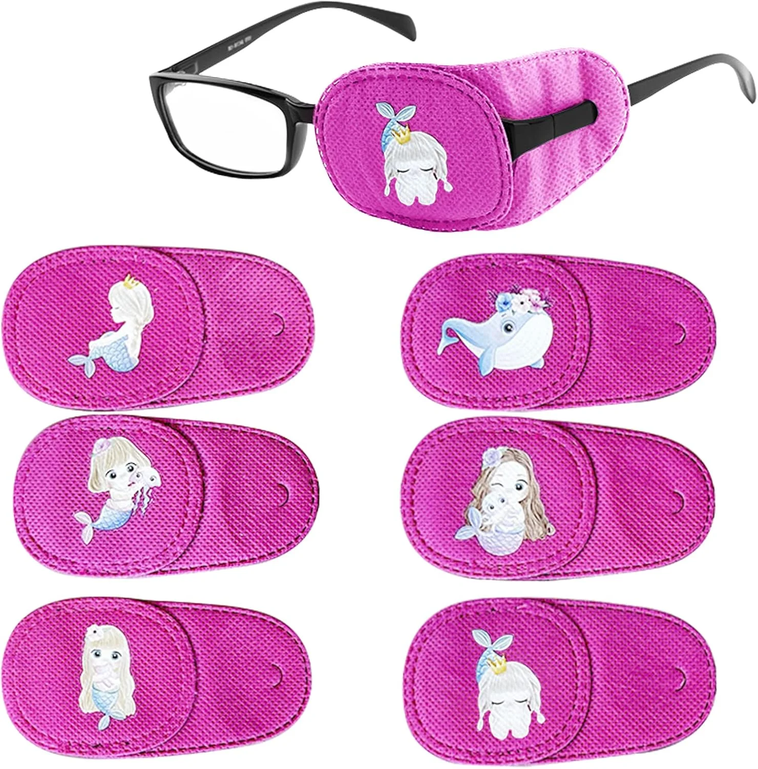 پد چشم کودکانه، 6 عدد پد چشم دخترانه برای عینک، پد چشم قابل استفاده مجدد برای کودکان نوپا جهت درمان آمبلیوپی و استرابیسموس و بعد از جراحی (پری دریایی صورتی)