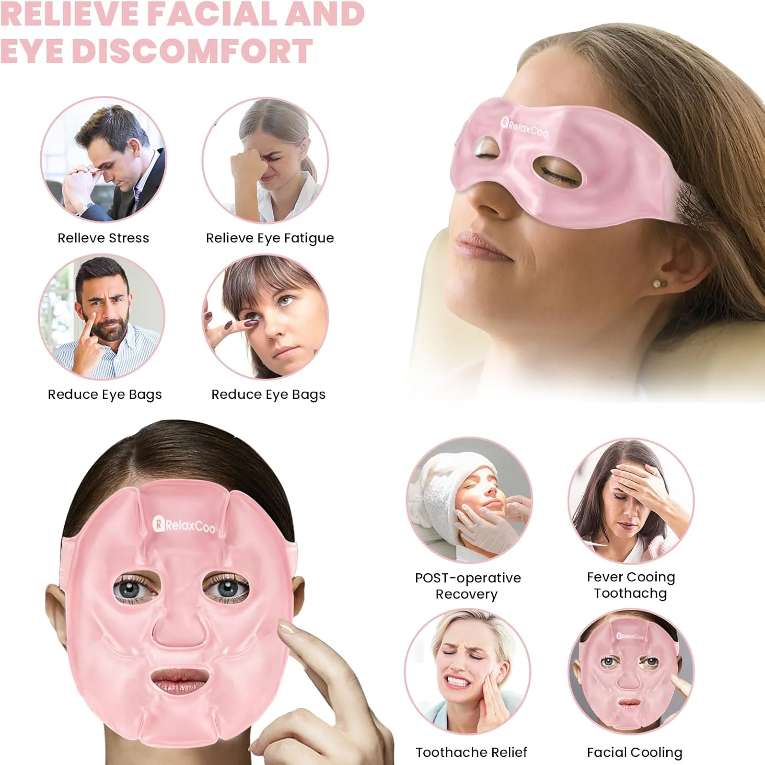 ماسک صورت و چشم یخی برای رفع سیاهی و پف زیر چشم، کمپرس سرد و گرم، بسته ماسک صورت خنک کننده ژلی برای زنان و مردان، میگرن، سردرد، استرس و آرامش، صورتی