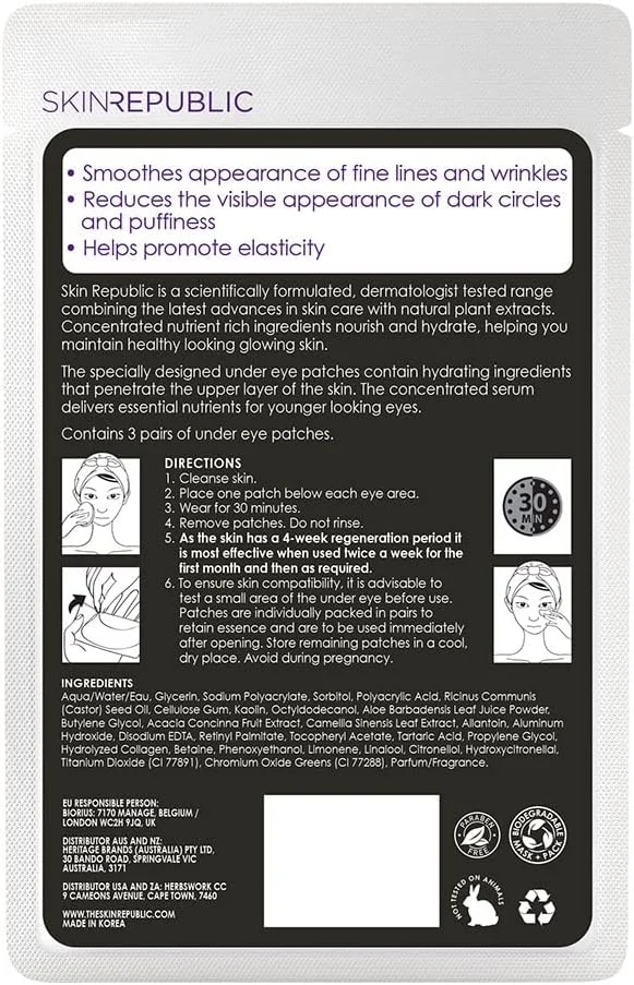 پد های کلاژن دور چشم Skin Republic، برای داشتن چشمانی جوان تر، کمک به کاهش خطوط ریز و چروک، کاهش تیرگی دور چشم، بسته 3 عددی