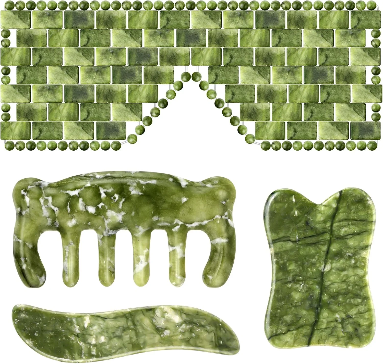 مجموعه 4 عددی ابزار گوا شا ویسات شامل ماسک چشم یشمی، شانه ماساژ صورت یشمی، ابزار ماساژ خراش دهنده، تخته سنگی گوا شا، شانه گوا شا چند منظوره برای اسپا، طب سوزنی، ملزومات زیبایی