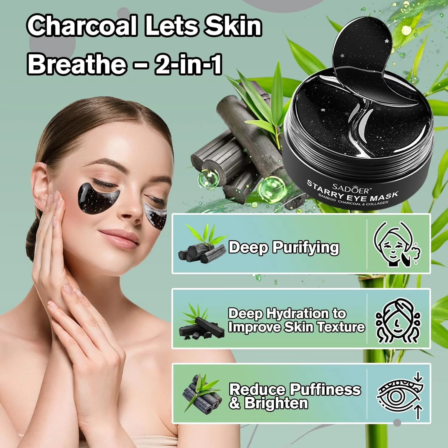 پک 120 عددی پد زیر چشم زغال بامبو، مجموعه درمان چروک و تیرگی دور چشم، ژل آبرسان و ضد پیری برای پف و خطوط ریز، محلول سم زدای مراقبت از پوست 2 عددی